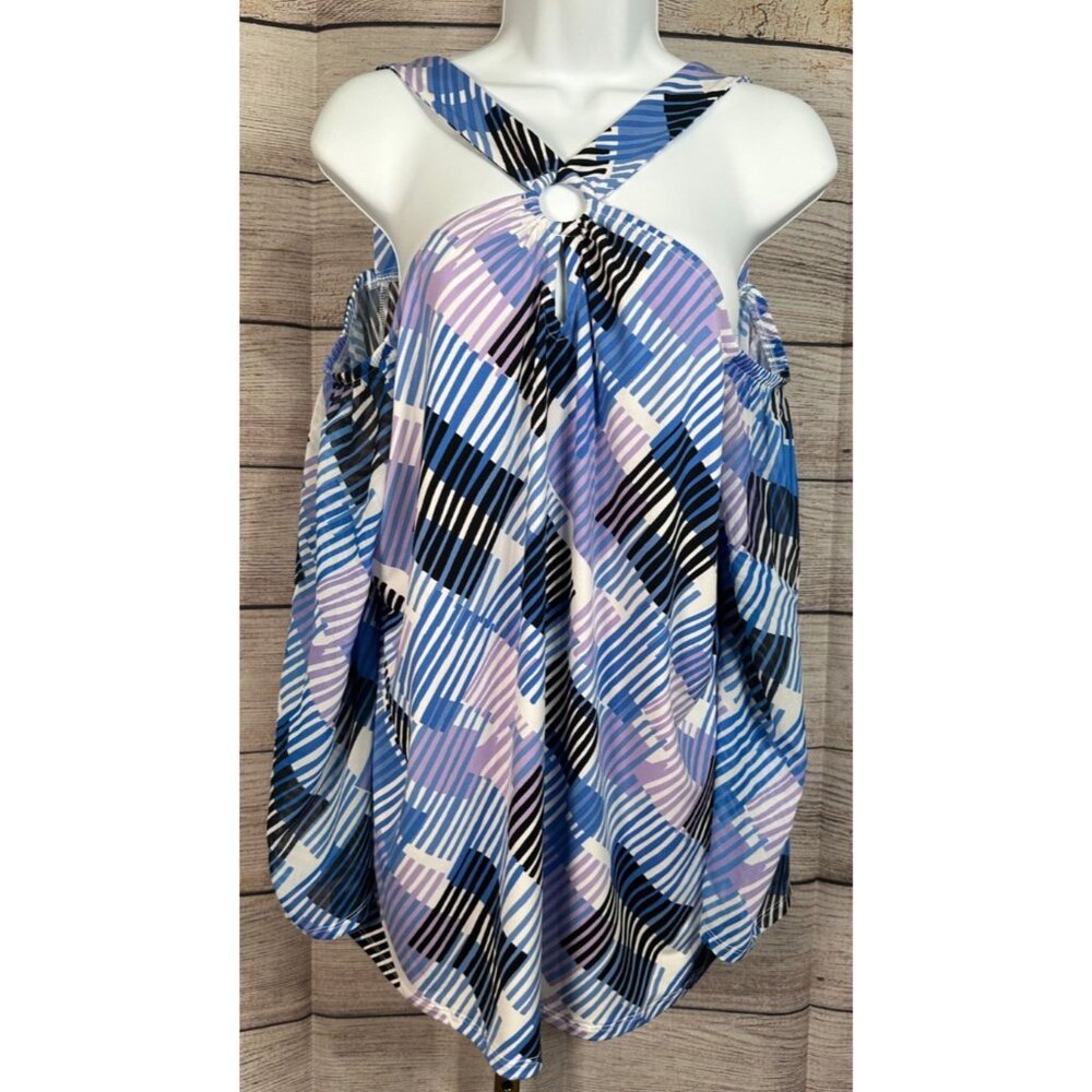 Cato Women’s Cold Shoulder Striped V-Neck Sheer Long Sleeve Stretch Blouse XL